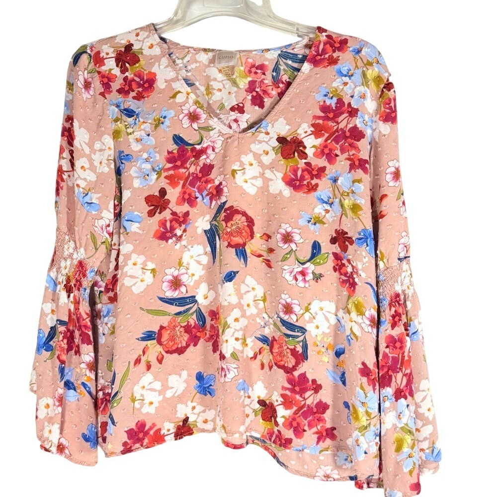 Cupio Floral V-Neck Blouse with sleeve accent/‎ drama size XL slub detail